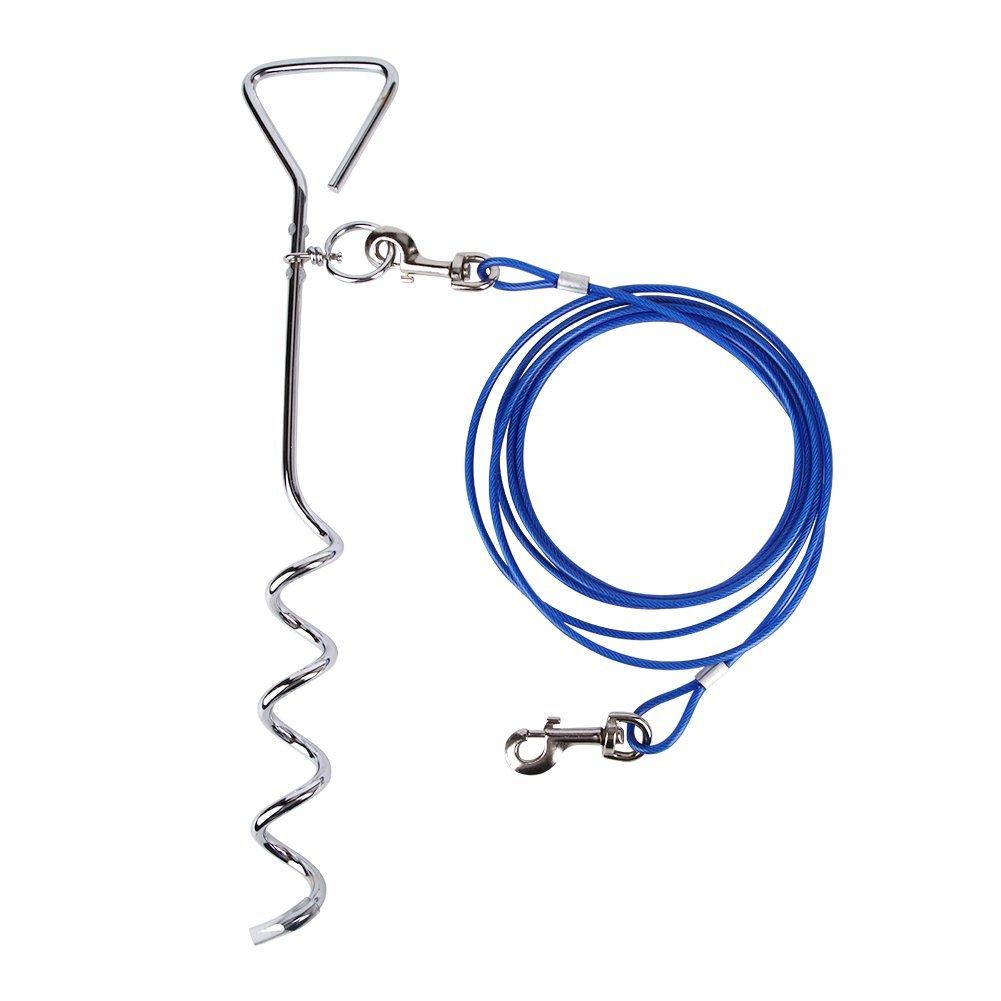 [Australia] - 10ft (3m) Dog Tie Out Cable with 18 Inch Spiral Ground Stake Spike Out for Outdoor Yard and Camping Small to Medium Dogs 20ft cable, 18" stake Blue 