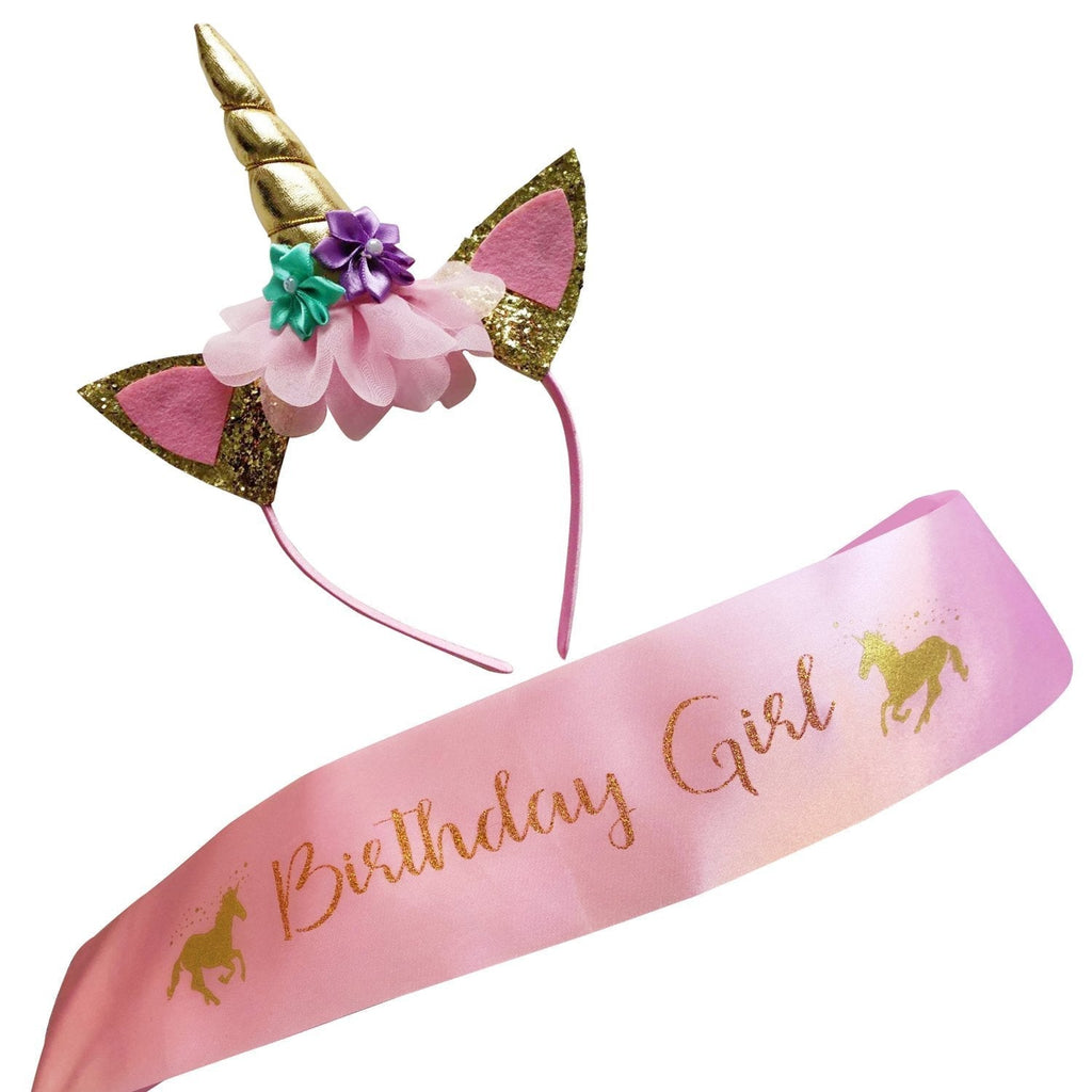 Marvs Store Unicorn Birthday Girl Set of Gold Glitter Unicorn Headband and Pink Satin Sash for Girls with eBook included,Happy Birthday Unicorn Party Supplies, Favors and Decorations - 2021 - PawsPlanet Australia