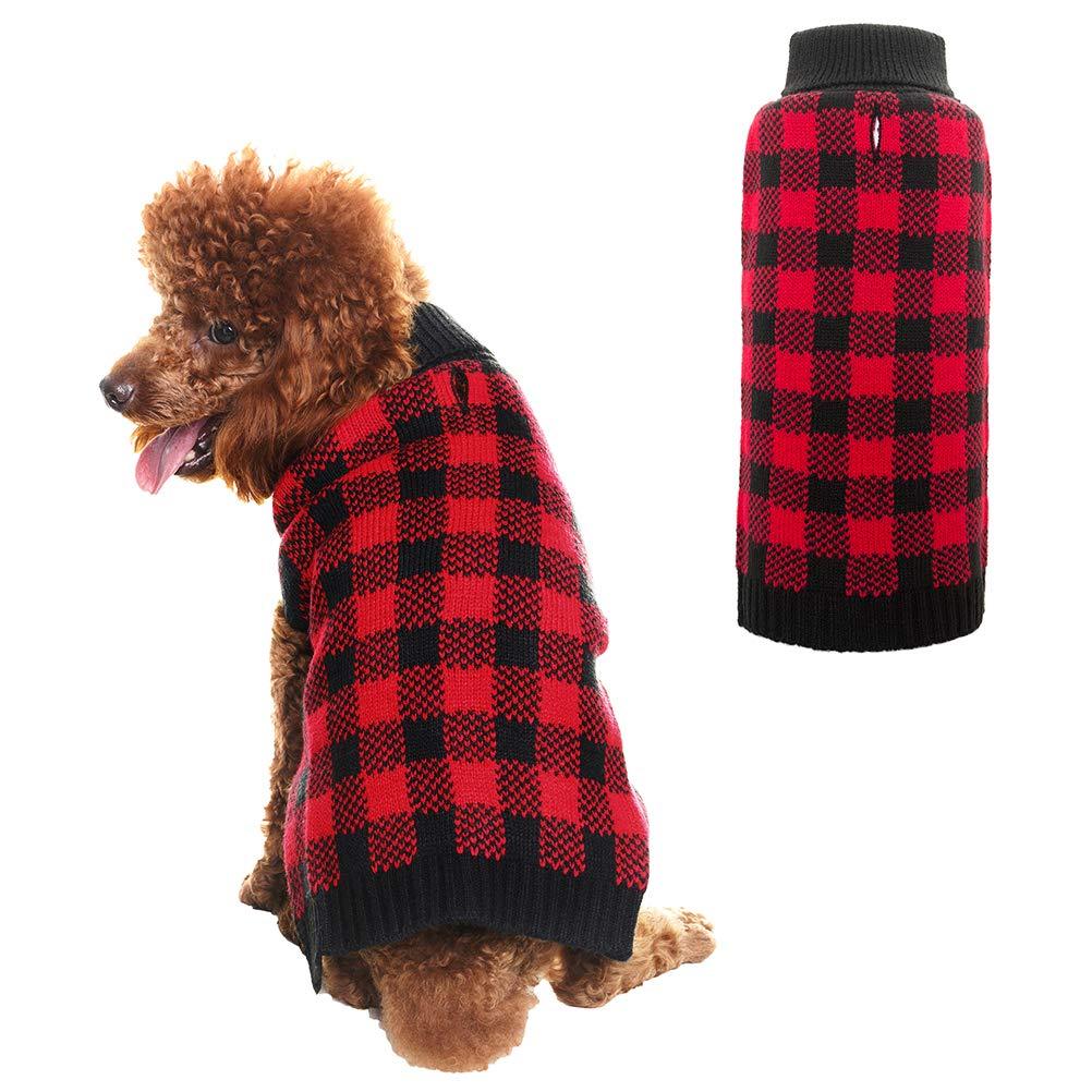 PUPTECK Dog Sweater Plaid Style Pet Cat Winter Knitwear Warm Clothes XS (Pack of 1) Red & Black - PawsPlanet Australia