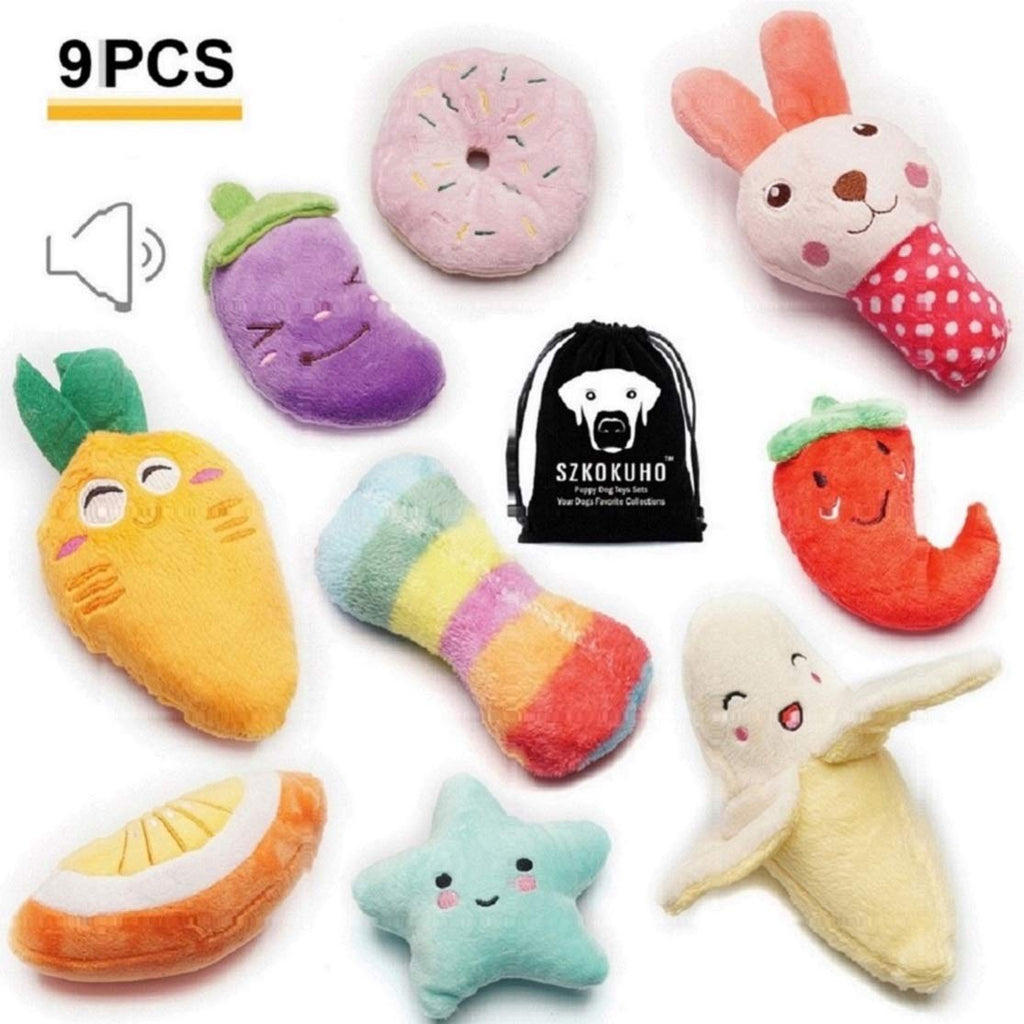 [Australia] - SZKOKUHO 9 Pack Puppy Squeaky Plush Dog Toys Set for Small Dogs to Bite Anytime,Variety Colors& Categories 