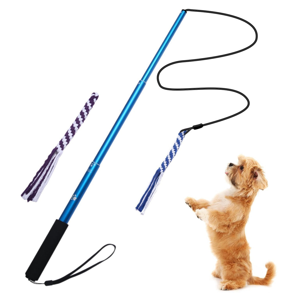 [Australia] - ANG Interactive Dog Tug Toy, Extendable Dog Teaser Wand with 2 Cotton Rope Dog Toy Outdoor Playing for Pulling, Chasing, Chewing, Teasing, Training Blue-S 