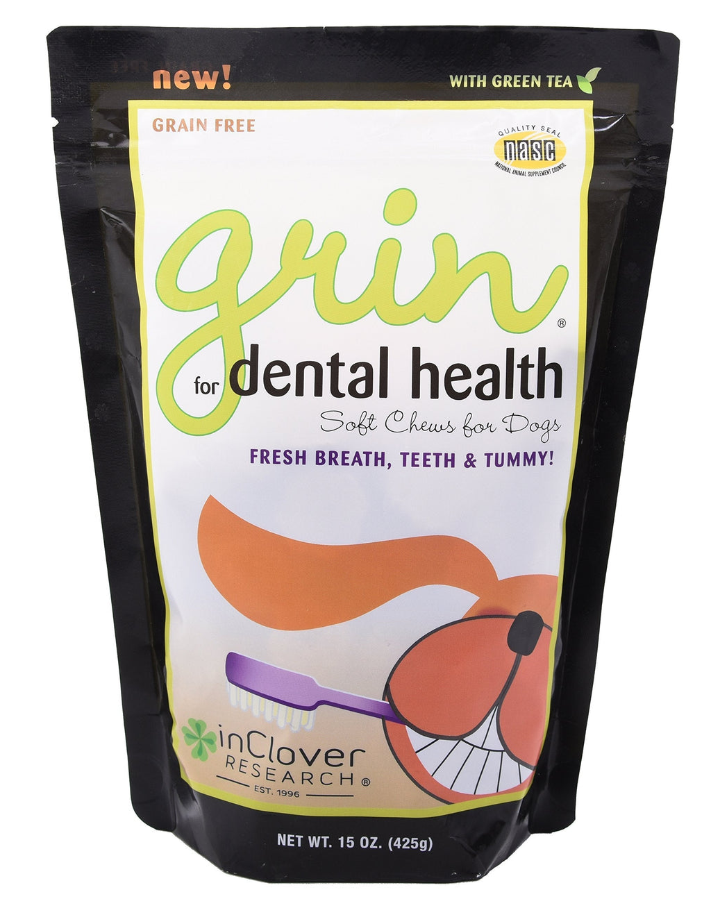 In Clover Grin Daily Dental Care Chews for Dogs, Grain Free Formula for Clean Teeth and Fresh Breath, Scientifically Formulated, Stop Plaque and Tartar 15 oz - PawsPlanet Australia