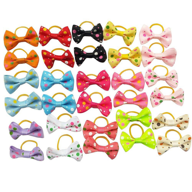 Chenkou Craft 30pcs (15pairs) New Dog Hair Bow with Rubber Dot Grosgrain Ribbon Pet Grooming Products Mix Colors Varies Patterns Pet Hair Bows (Dot Ribbon Rubber Bow) - PawsPlanet Australia