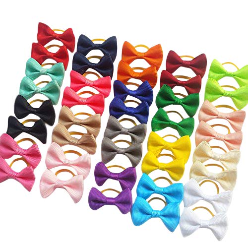 Chenkou Craft New 40pcs(20pairs) Puppy Yorkie Dog Hair Bow Pure Ribbon with Rubber Band 40mm Pet Grooming Products Mix Colors Varies Patterns Pet Hair Bows (Pure Ribbon Rubber Bow) - PawsPlanet Australia