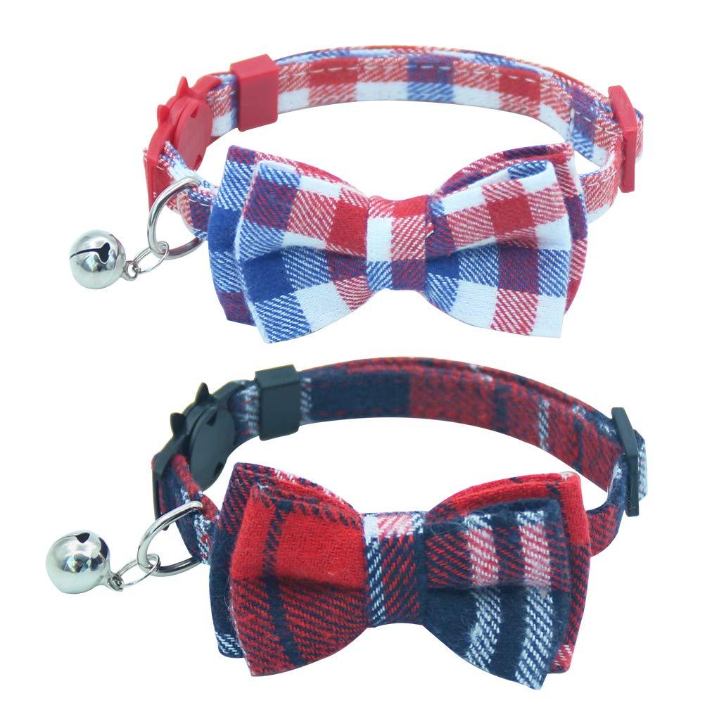 [Australia] - OFPUPPY Cute Bowtie Cat Collar Breakaway with Bell 2 Pack Plaid Collar Set for Kitty Puppy Adjustable 7.8-10.2" Classic Plaid 