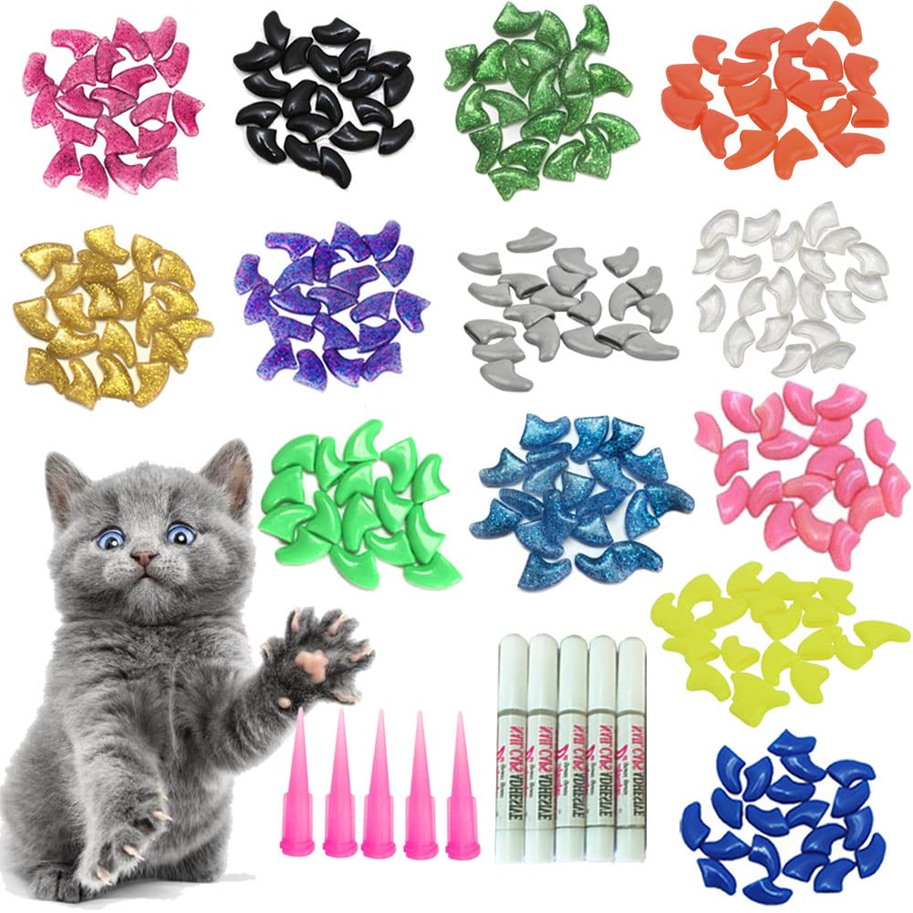 YMCCOOL 100pcs Cat Nail Caps/Tips Pet Cat Kitty Soft Claws Covers Control Paws of 10 Nails Caps and 5Pcs Adhesive Glue 5 Applicator with Instruction XS - PawsPlanet Australia