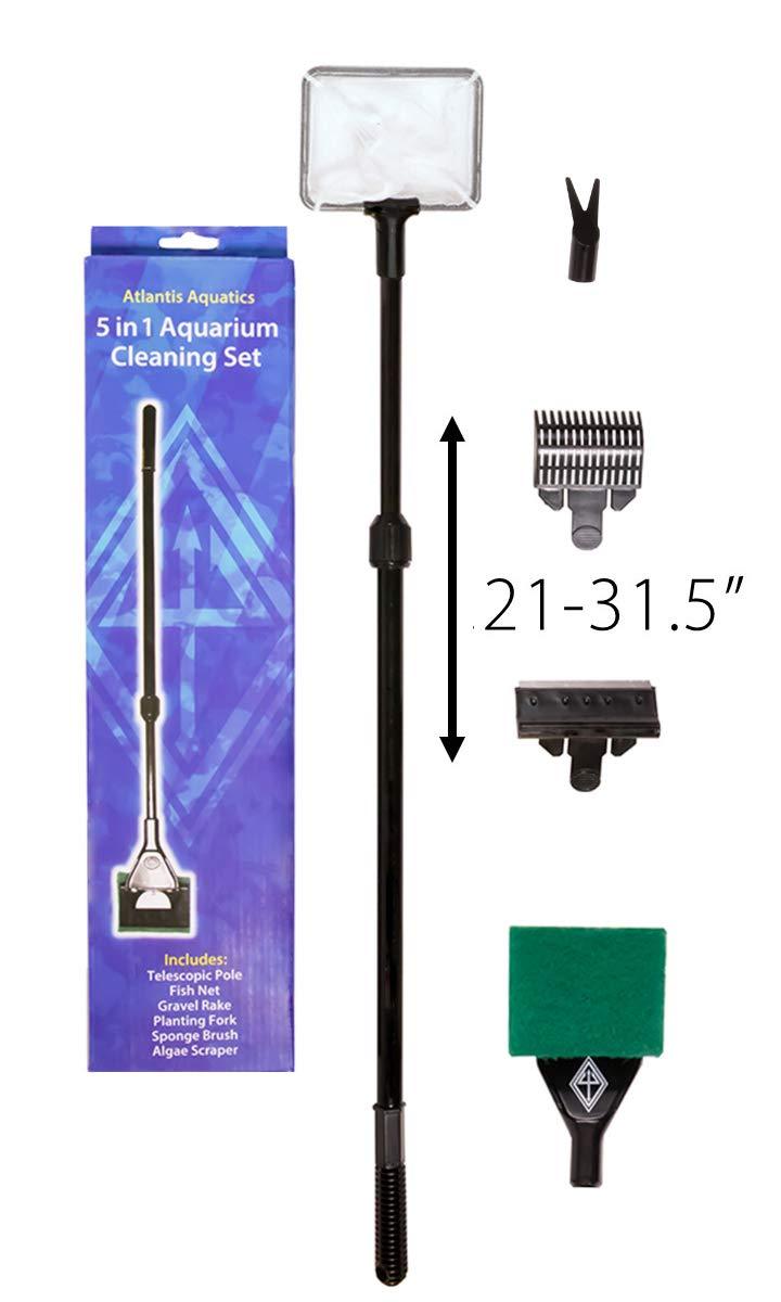 [Australia] - Atlantis Aquatics 5 in 1 Fish Tank Cleaner - 4 Inch Aquarium Net Algae Scraper for Glass Tank Walls Aquascaping Tool Gravel Rake Algae Scrubber for Acrylic Tank Walls - Long Handled Aquarium Cleaner Telescopic 