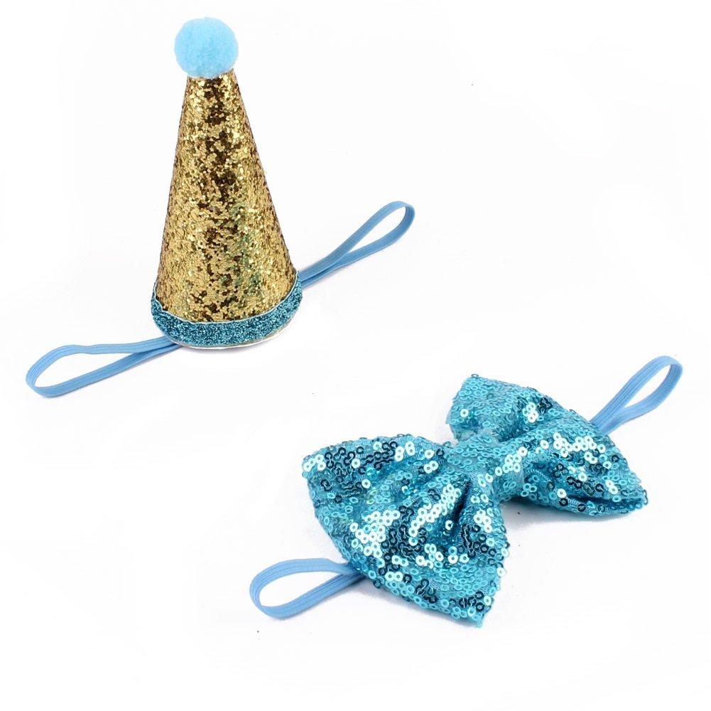 [Australia] - Stock Show Pet Cute Birthday Party Cone Hat and Bow tie Collar Set with Adjustable Headband and Pom-poms Topper for Kitten Puppy Small Dogs Cats Pets Blue 