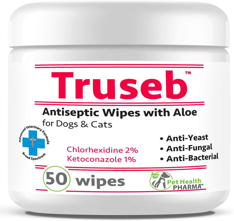 Truseb| #1 Chlorhexidine Wipes with Ketoconazole and Aloe for Dogs, Cats and Horses, Medicated 50 Count Wipes Hot Spots, Paws, Skin, Ringworm, Acne 1 x 50 Wipes - PawsPlanet Australia