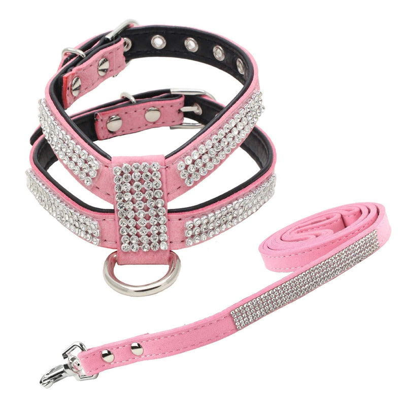 [Australia] - Newtensina Fashion Puppy Harness with Diamantes and Lead Cute Girl Bling Dog Harness with Bling Leash for Small Dogs S Pink 