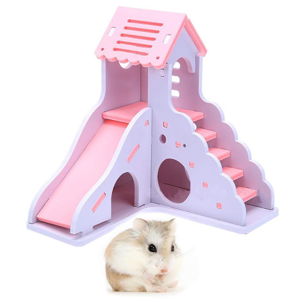 [Australia] - kathson Hamster House Hideout Hideaway Exercise Toys for Rat，Dwarf Hamster Mouse Small Animal Kingdom,Durable Odorless Non-Toxic Wooden Deluxe 2-Story Hut (Pink) 