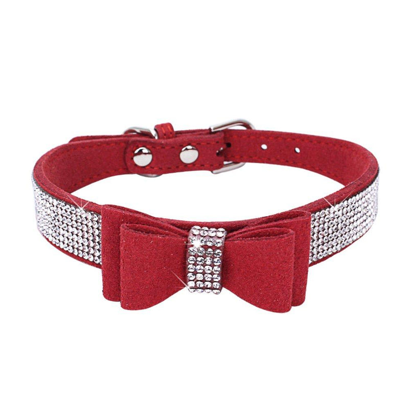 [Australia] - Tangpan Pet Dog Collar Rhinestone Bow-Knot Deco Microfiber Soft Puppy Seatbelt M Red 