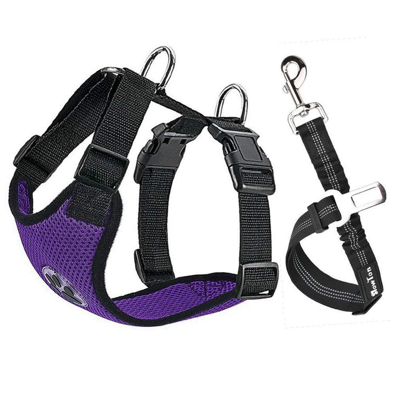 SlowTon Dog Car Harness Plus Connector Strap, Multifunction Adjustable Vest Harness Double Breathable Mesh Fabric with Car Vehicle Safety Seat Belt Small Purple - PawsPlanet Australia