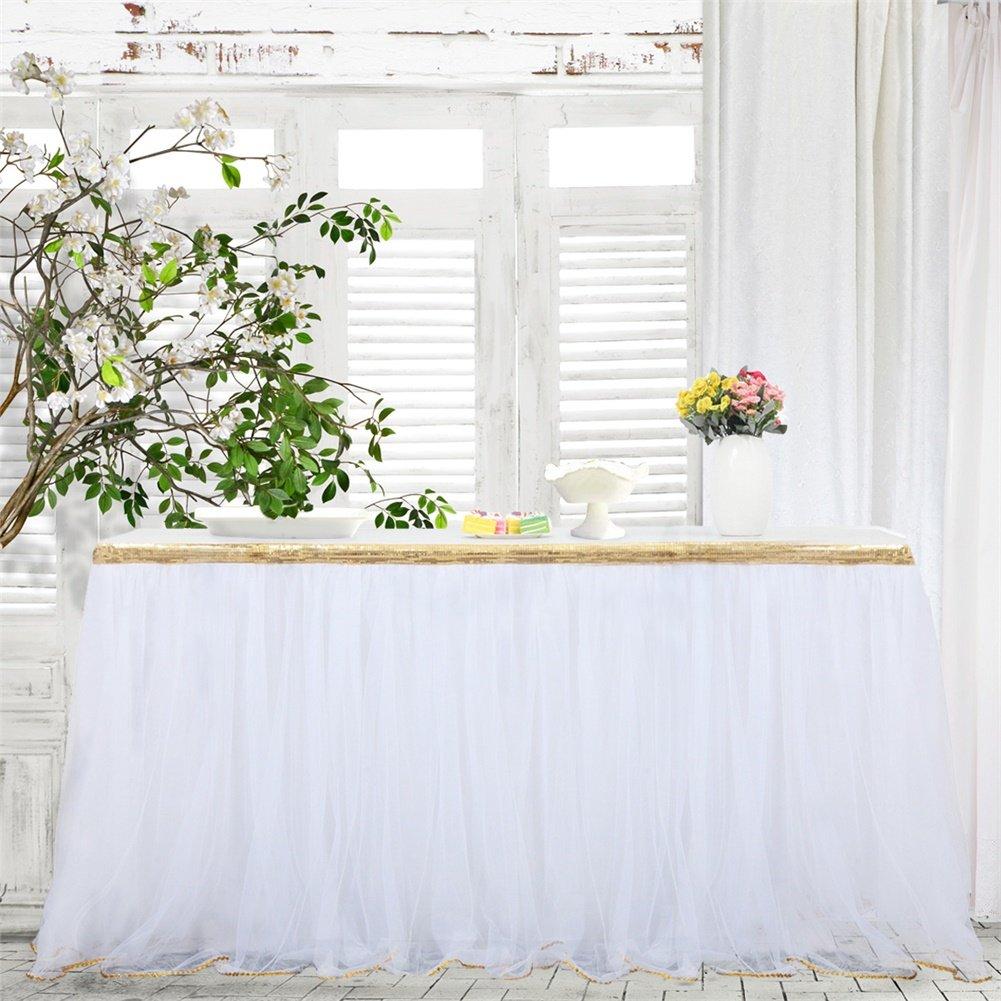 Haperlare 9ft Tablecloth White Tulle Table Skirt Tulle White Tablecloth Tutu Tablecloth Skirting with Gold Brim for Wedding Party Baby Shower Christmas Birthday Banquet Table Decorations,3 Yards 9ft x 30inch White With Gold Brim - PawsPlanet Australia