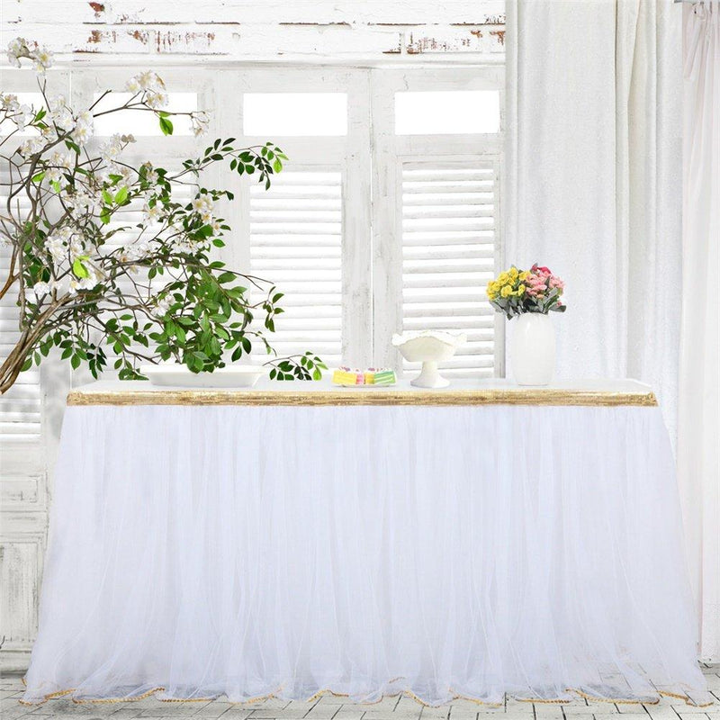 Haperlare 9ft Tablecloth White Tulle Table Skirt Tulle White Tablecloth Tutu Tablecloth Skirting with Gold Brim for Wedding Party Baby Shower Christmas Birthday Banquet Table Decorations,3 Yards 9ft x 30inch White With Gold Brim - PawsPlanet Australia