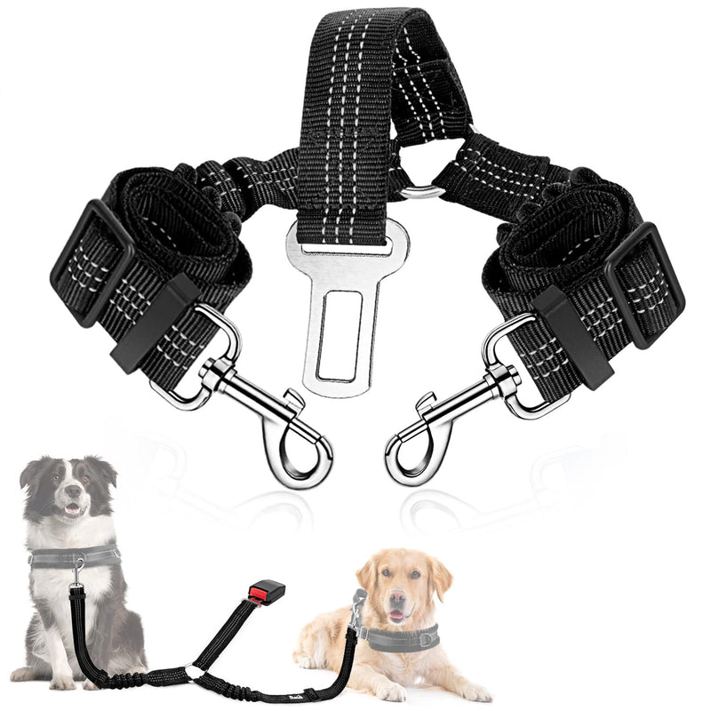 SlowTon Double Dog Car Seat Belt, Dual Dog Seatbelt Vehicle Safety Leash Adjustable with Shock Absorbing Bungee, Reflective Two Dog Lead Splitter Coupler for Pet Car Trip Travel Black - PawsPlanet Australia