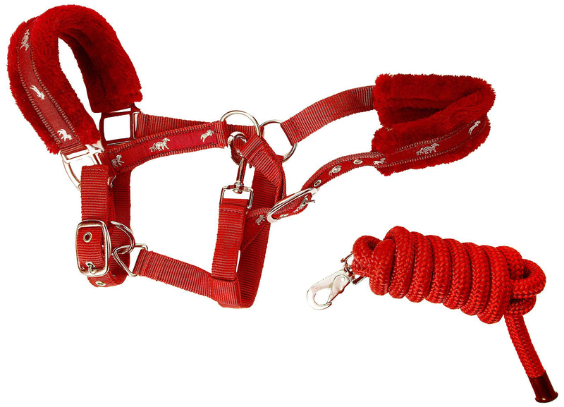 Cwell Equine NEW Horse print fur padded headcollars halter + matching lead RED Choice of Sizes (PONY) PONY - PawsPlanet Australia