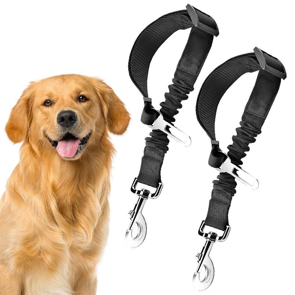 [Australia] - Elastic Nylon Dog Seat Belt, Durable & Adjustable Black Harness, 2 Pcs. Elastic Tether with Metal Buckles, Suitable to Most Car Models, Prevents Distraction & Accident, Fits Small to Large Pets 