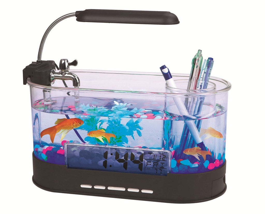 [Australia] - QTMY Mini Desktop Aquariums Fish Tank with LED Light Pen Holder Alarm Clock Office Decoration,Black 