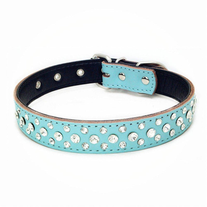 [Australia] - BTDCFY Rhinestones Pet Dog Collars Adjustable Sparkly Crystal Studded Genuine Leather Pet Collar for Puppy Small and Medium Dog L(neck 14.5-18" ) blue 