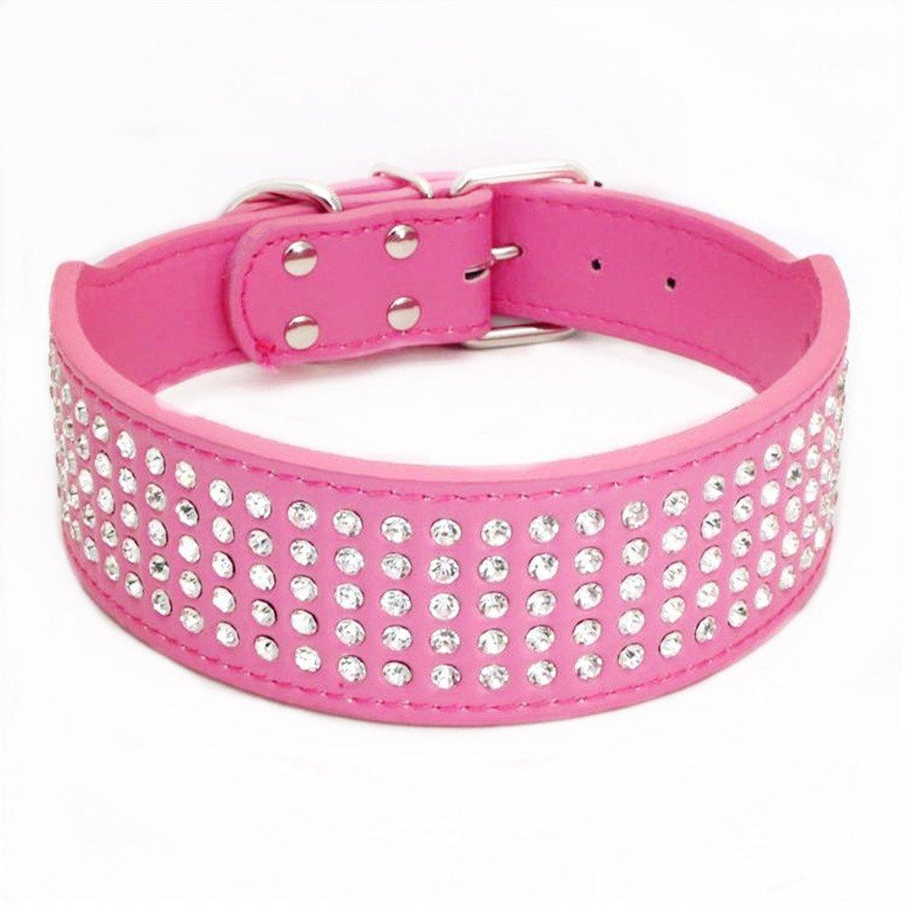 [Australia] - BTDCFY Rhinestones Dog Collars-2" Wide Crystal Diamonds Studded PU Leather 5 Rows Sparkly Crystal Studded Collar for Medium and Large Dog XXS(neck:13"-16") Rose Red 