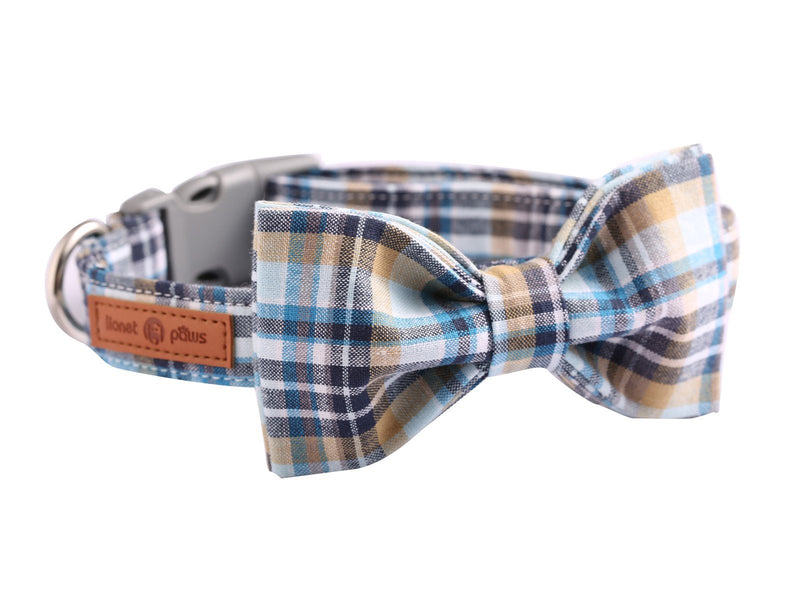 [Australia] - Lionet Paws Dog and Cat Collar with Bowtie Grid Collar Plastic Buckle Light Adjustable Collars for Small Medium Large Dogs LightBlue 