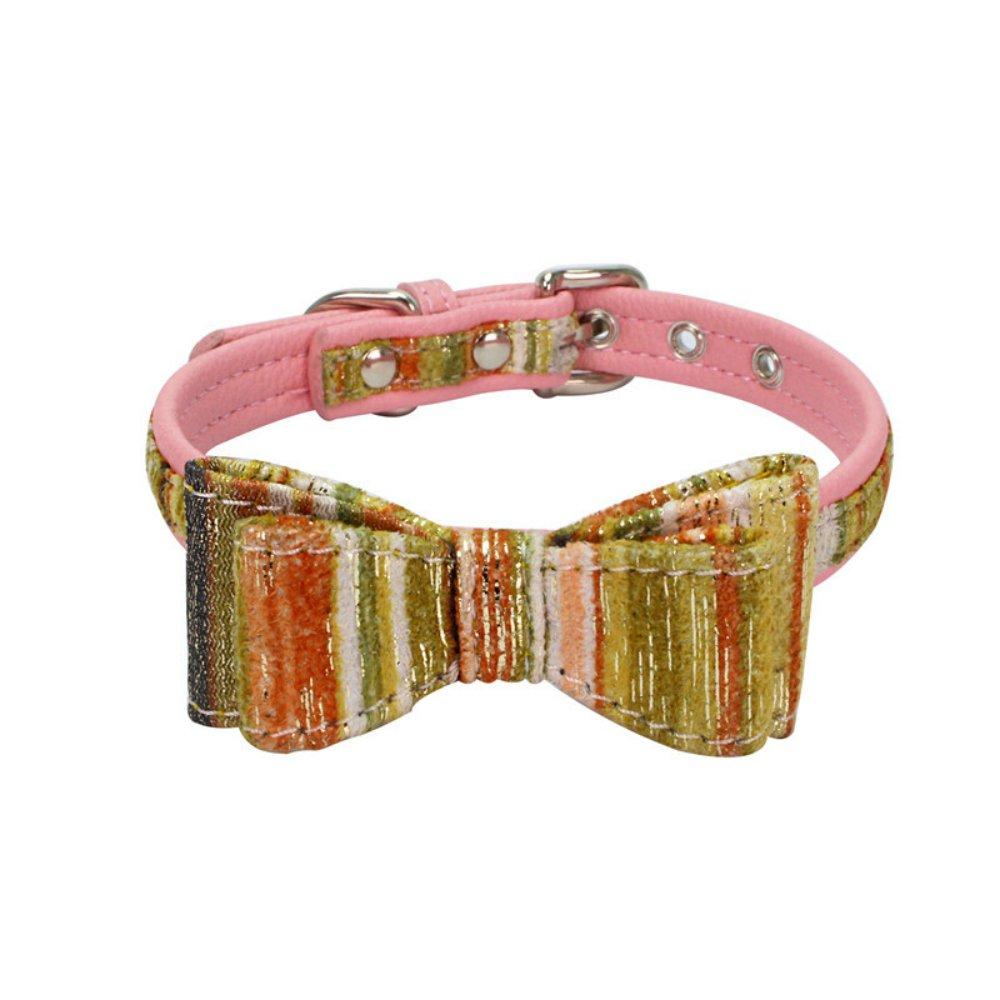 [Australia] - Mcdobexy Dog Collar with Bowtie,Soft and Comfortable,Cute Grip/Stripe Plaid Adjustable Cat Collar L (Neck15"-18.5") Brown Gold stripes 