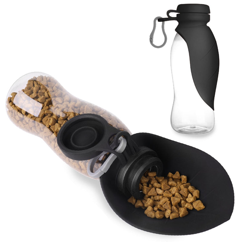Flexzion Portable Dog Pet Food/Water Dispenser Bottle 500ML/17oz - Compact Expandable Silicone Travel Drinking Feeder Bowl with Flip-up Tray & Hanging Buckle Accessory for Cat Puppy Outdoor Food Bottle Black - PawsPlanet Australia