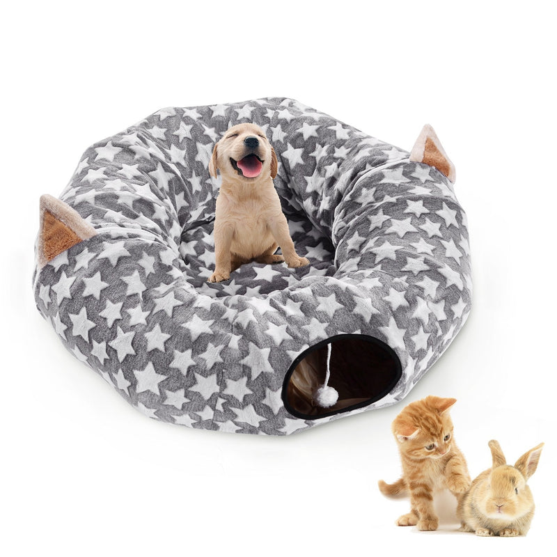 [Australia] - LUCKITTY Cat Dog Tunnel Bed with Cushion Tube Toys Oxford Cloth Large Diameter Longer Crinkle Collapsible 3 Way for Large Cats Kittens Kitty Small Puppy Outdoor 6FT Grey 