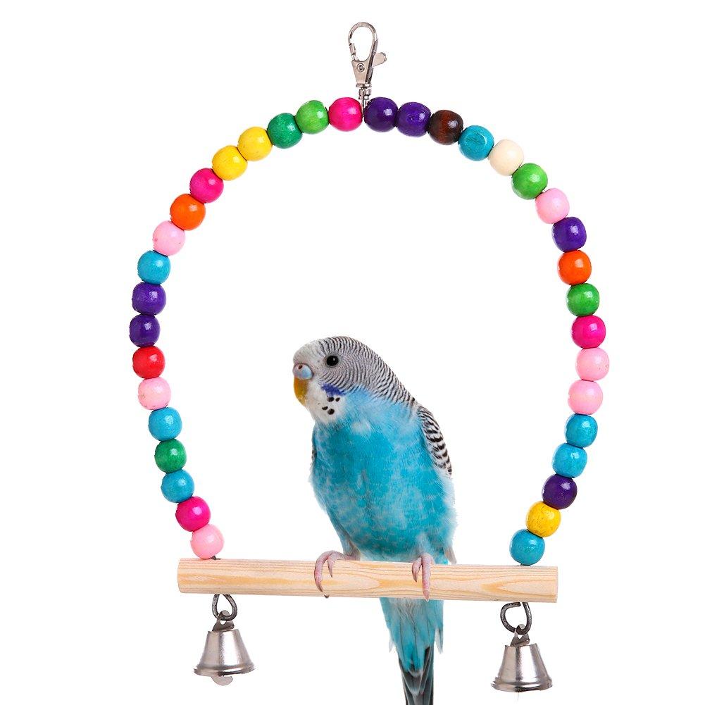 [Australia] - QBLEEV Wooden Bird Swings Toy with Hanging Bells for Cockatiels Parakeets, Cage Accessories Decorating Birdcage or Wood Parrot Perch Stand Play Gym for Small Medium Budgies Finches Conures 5.9”(L)x7.8”(H) 