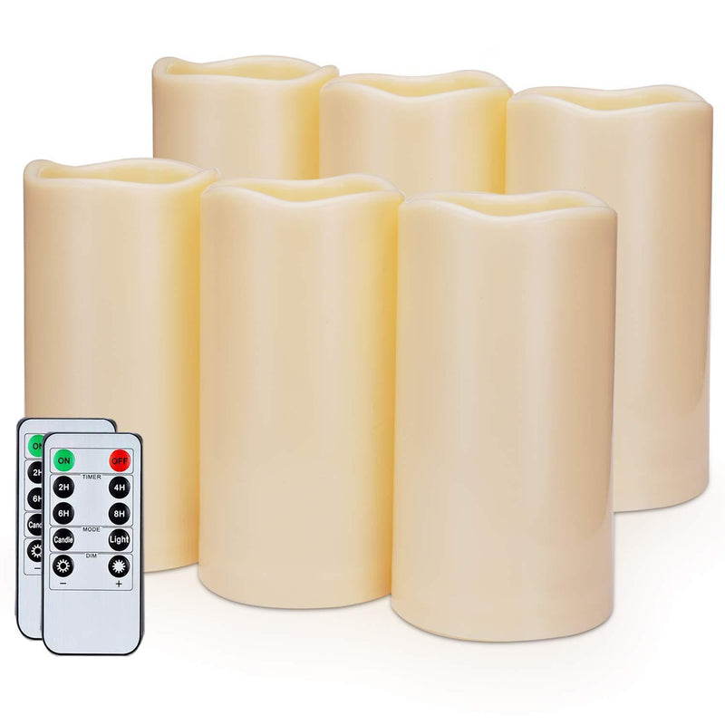 Amagic 3" x 6" Outdoor Waterproof Flameless Candles - Battery Operated LED Pillar Candles with Remote Control and Timers, Ivory, Plastic, Set of 6 - PawsPlanet Australia