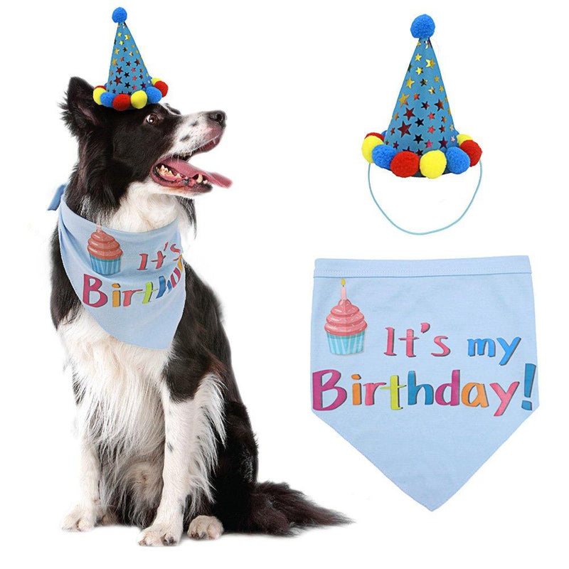 PUPTECK Dog Birthday Bandana Scarfs with Cute Doggie Birthday Party Hat L Blue - PawsPlanet Australia