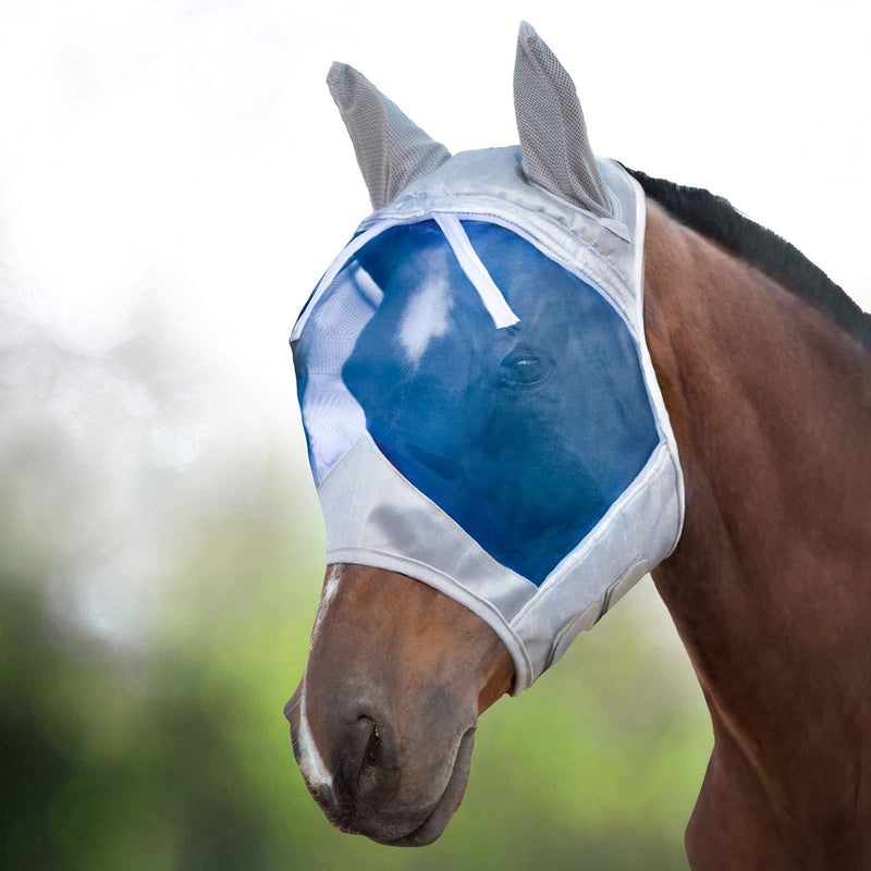 Harrison Howard CareMaster Fly Mask Half Face Silver/Blue Retro Cob (M) - PawsPlanet Australia