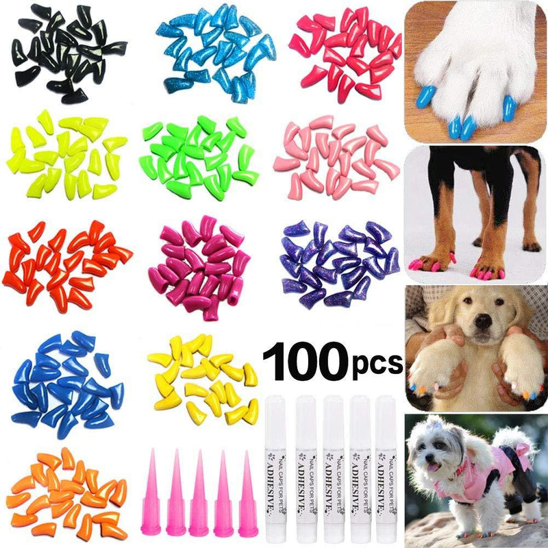 JOYJULY 100pcs Dog Nail Caps Soft Claw Covers Nail Caps for Pet Dog Pup Puppy Paws Home Kit, 5 Random, with Glue, Tips and Instruction XS - PawsPlanet Australia