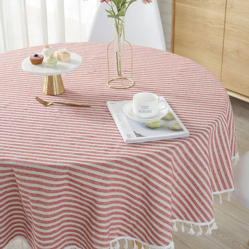 ColorBird Stripe Tassel Tablecloth Cotton Linen Dust-Proof Table Cover for Kitchen Dinning Tabletop Decoration (Round, 60 Inch, Red) Round, 60 Inch - PawsPlanet Australia