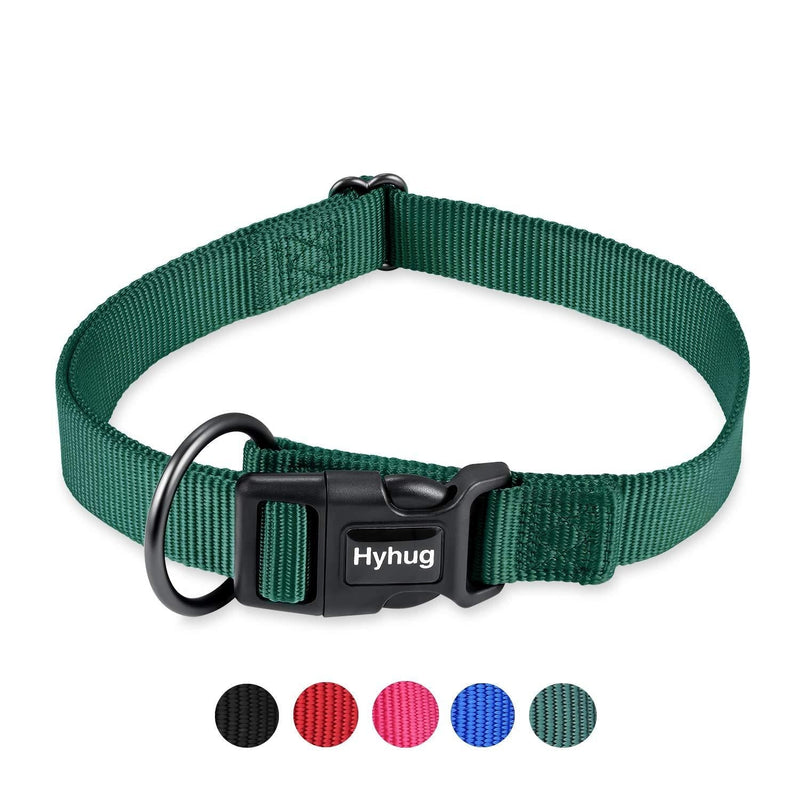 [Australia] - Hyhug Pets Upgraded Regular Collars With Deluxe Buckle, Classic Basic Solid Color Sturdy Nylon,Dark Green, Black, Red, Rose Red Pink, Bright Blue Collars ; 4 Adjustable Sizes: XS, Small, Medium, Large Dark Green 