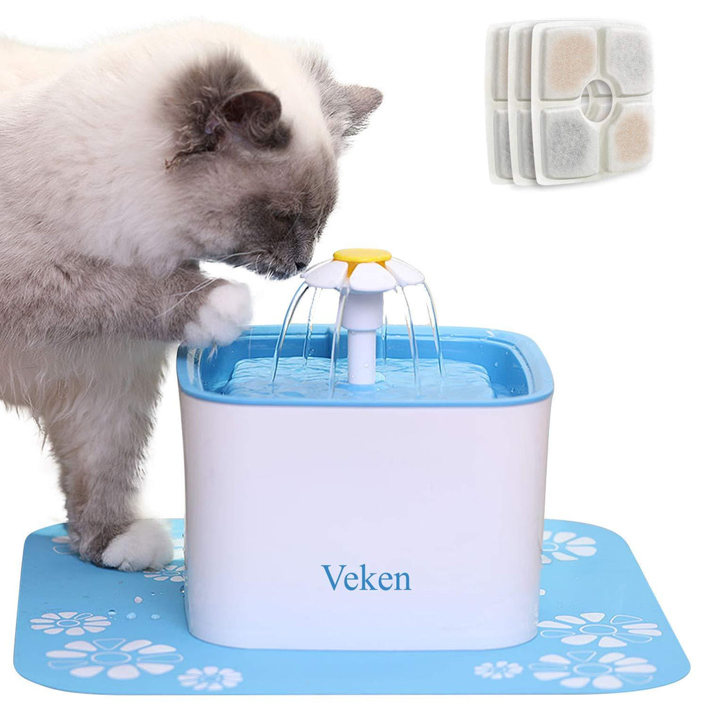 [Australia] - Veken Pet Fountain, 84oz/2.5L Automatic Cat Water Fountain Dog Water Dispenser with 3 Replacement Filters & 1 Silicone Mat for Cats, Dogs, Multiple Pets Blue 