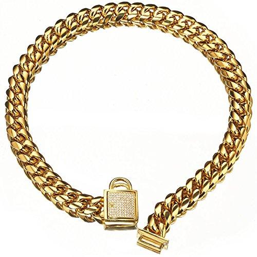 [Australia] - Abaxaca Top Luxury Dog Collar Personalizedl Stainless Steel 14mm 18K Gold Big Dog Luxury Training Collar Cuban Link with Zirconia Lock Necklace Chain for Dog 18 inch(for 15.6"~17.5"Neck) 