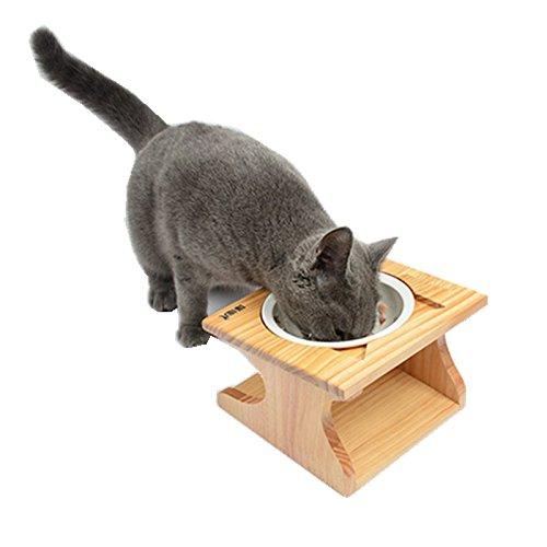 [Australia] - Smith Chu Premium Elevated Pet Bowls, Raised Dog Cat Feeder Solid Bamboo Stand with Ceramic Food Feeding Bowl - Cute Kitty Bowl for Cats and Puppy Single Bowl 