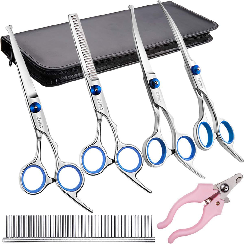 [Australia] - Elfirly Professional Dog Grooming Scissors Kit Stainless Steel Round Tip Cutting Curved Scissors Thinning Shears Grooming Comb Pet Hair Trimming Scissors with Extra Dog Nail Clippers for Dogs and Cats 