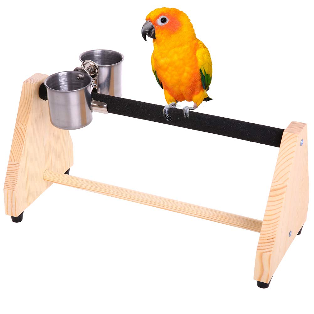 QBLEEV Parrot Play Wood Stand Bird Grinding Perch Table Platform Birdcage Feeder Stands with Feeder Dish Cup Portable Table Playstand for Small Cockatiels, Conures, Parakeets, Finch - PawsPlanet Australia