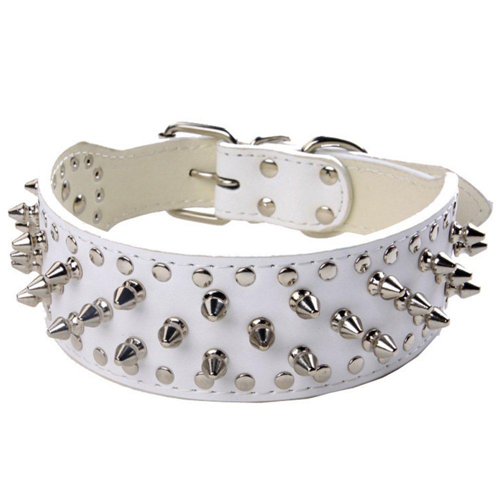 [Australia] - Avenpets 20-26" Length 2" Width Spike Rivets Leather Dog Pet Collars for Pitbull Mastiff Boxer XS:(neck 15-18") White 