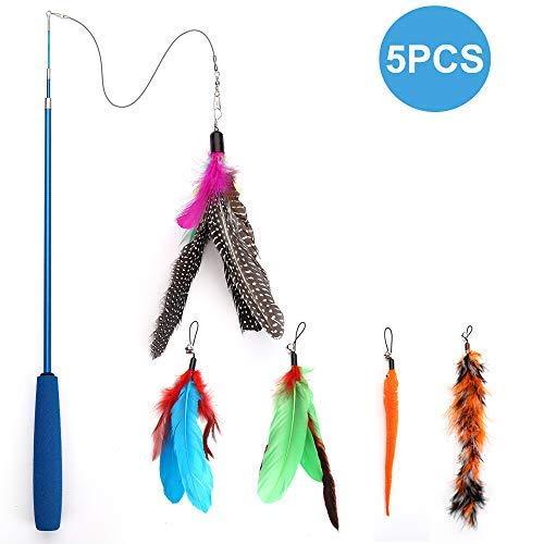 [Australia] - Becory Feather Teaser Cat Toy, Retractable Cat Feather Toy Wand with 5 Assorted Teaser with Bell Refills, Interactive Catcher Teaser for Kitten Or Cat Having Fun Exerciser Playing 