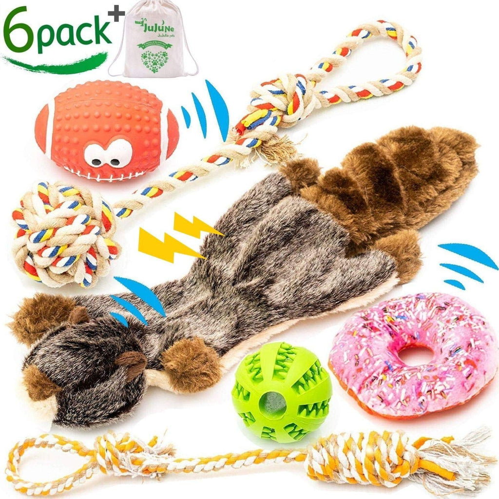 [Australia] - JuJuNe pets, Small and Medium Dog Toys Set 6 Pack, Rubber Ball, Nontoxic Latex Rugby Dog Toy, Durable & Natural Cotton Tug Ropes, Plush Squeaky Donut, Plush Marmot Squeak Dog Chew Toys for Puppies 