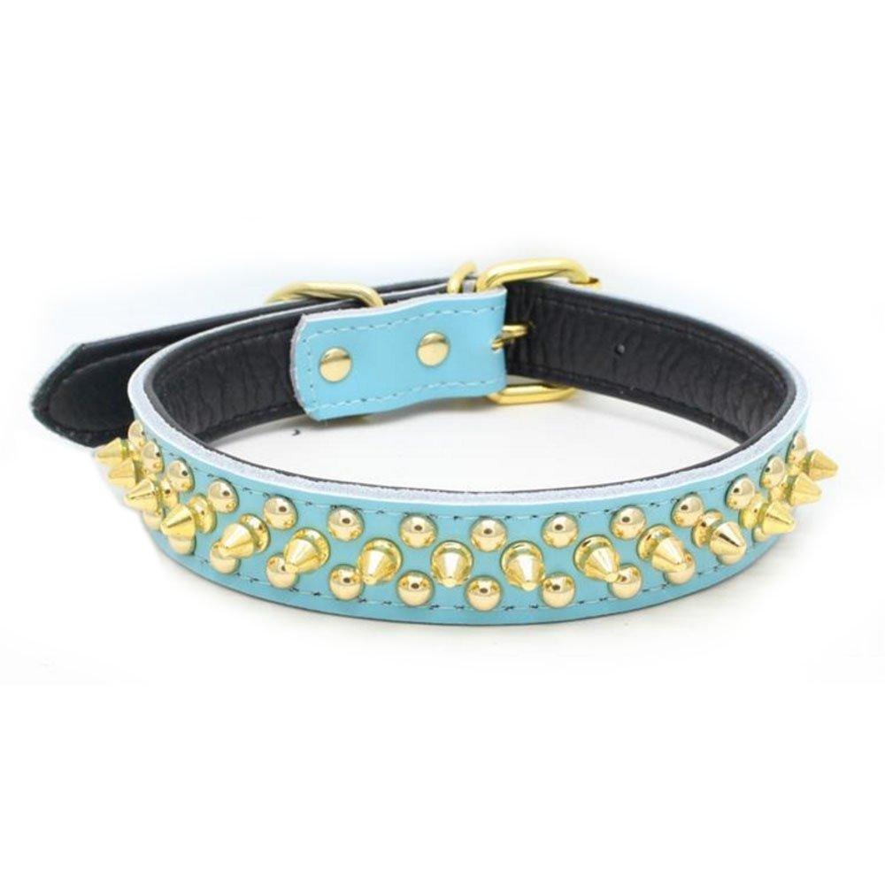 [Australia] - Avenpets Gorgeous Design Genuine Leather Dog Collar with Gold Spikes and Studs L:(neck 14-18") Blue 