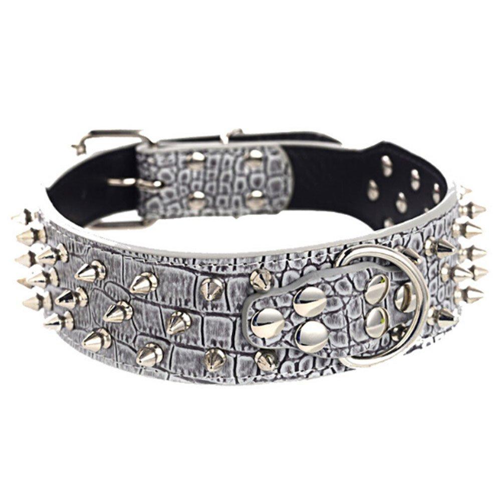 [Australia] - Avenpets 3 Rows Spiked Rivet Studded Metals Buckle D-Ring Adjustable Leather Bull Terrier Collar for Daily Activities M:(neck 19-22") Grey 