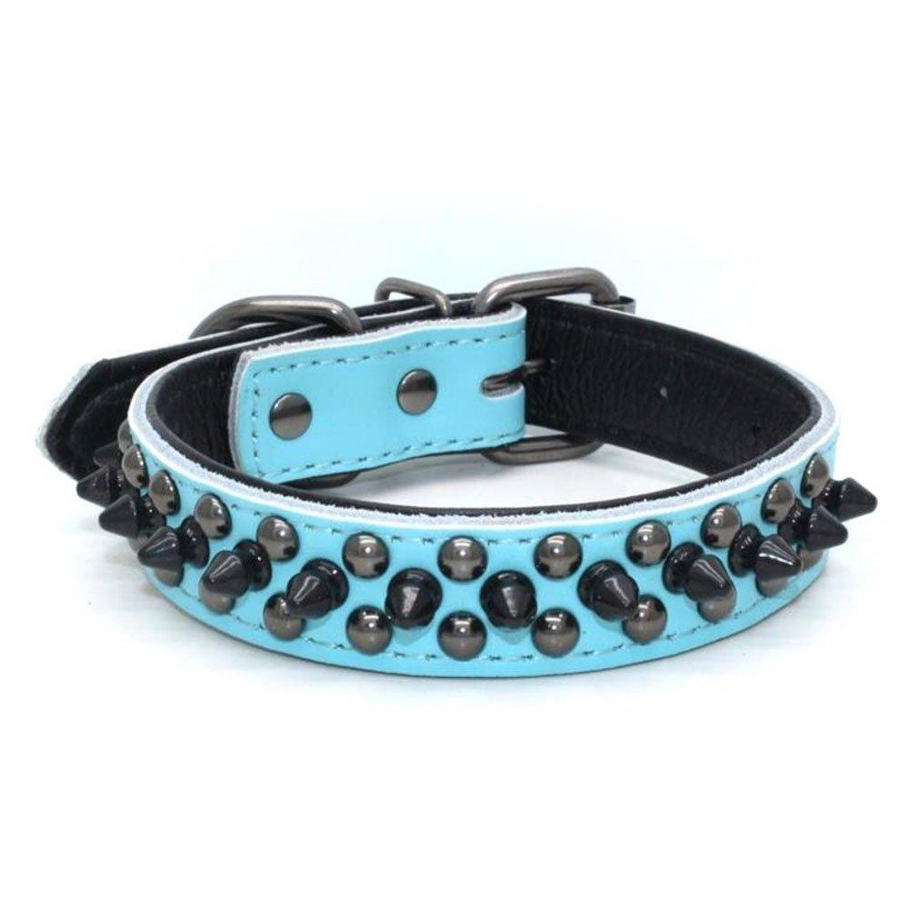 [Australia] - Avenpets Fashion Walking Genuine Leather Dog Collar Decorated with Black Spikes and Studs L:(neck 14-18") Blue 