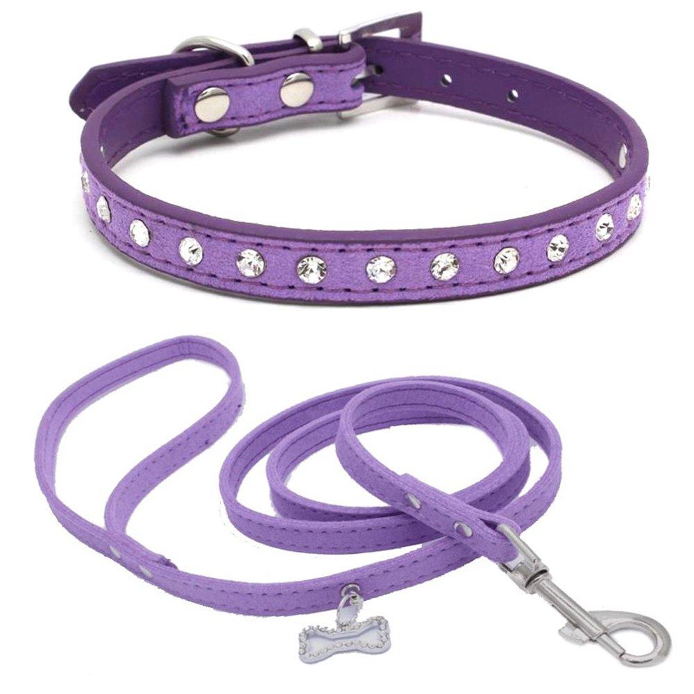 Benala One Row Bling Diamond Rhinestone Suede Leather Pet Dog Collar and Leash 2Pcs for Small Medium Dogs XS Purple - PawsPlanet Australia