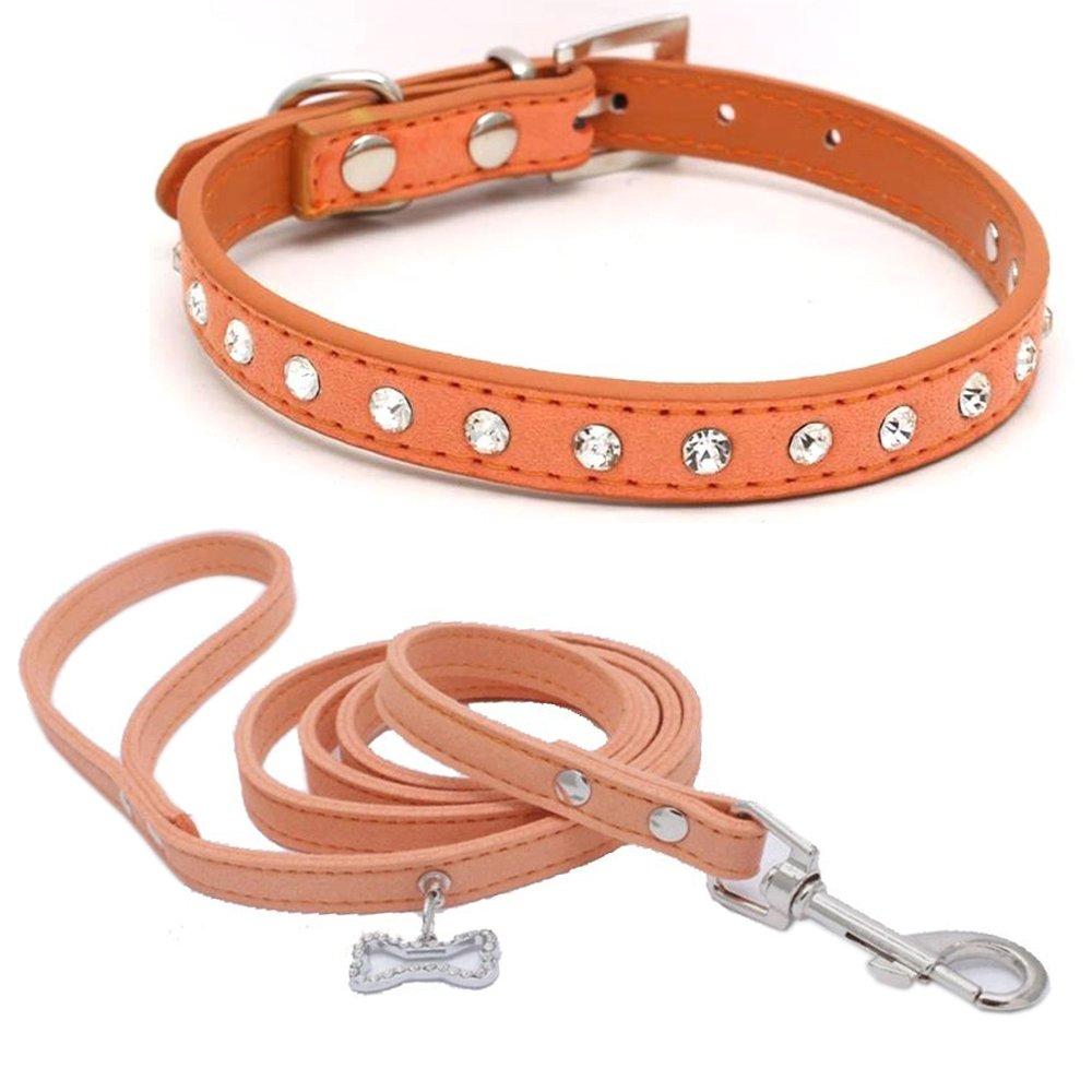 [Australia] - Benala One Row Bling Diamond Rhinestone Suede Leather Pet Dog Collar and Leash 2Pcs for Small Medium Dogs S Orange 