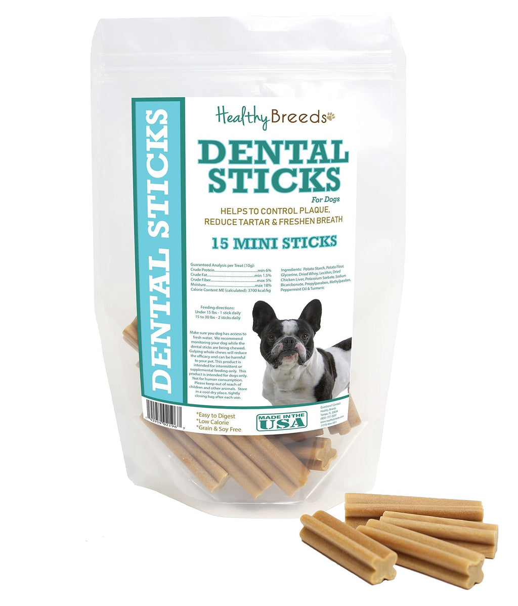 Healthy Breeds Triple Enzyme Dental Sticks - Vet Formulated to Control Plaque, Reduce Tartar and Freshen Breath - Grain Free - Tasty Chicken Flavor - Large or Minis by Breed French Bulldog Minis 15 Ct - PawsPlanet Australia